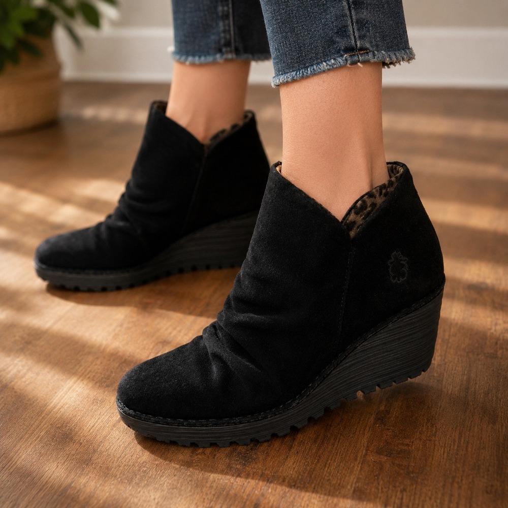 Fly London Yama Black Suede Wedge Ankle Boots P500305000 EU 38 US 7-7.5